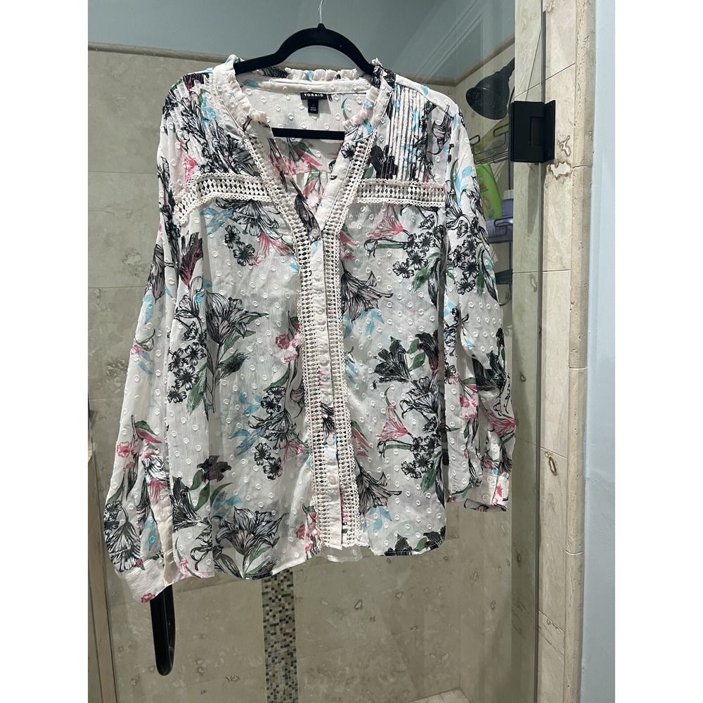 Torrid Floral Chiffon Clip Dot Lace V Neck Top 2X Blush Long Sleeve 17174537